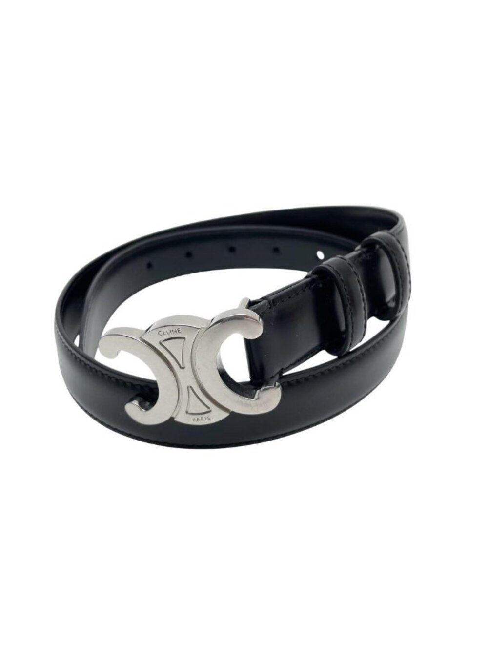 Celine Leather Triomphe Buckle Silver Belt Black